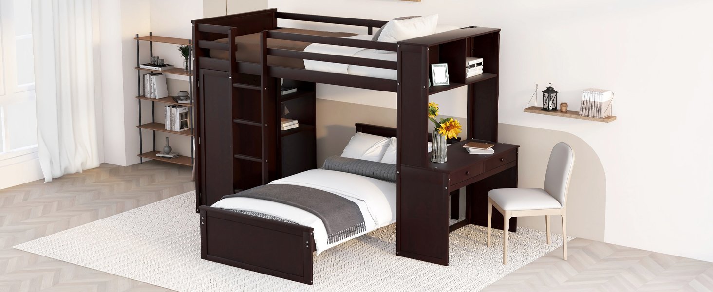 Twin Size Loft Bed With A Stand Alone Bed, Shelves, Desk, And Wardrobe - Espresso - Image 21