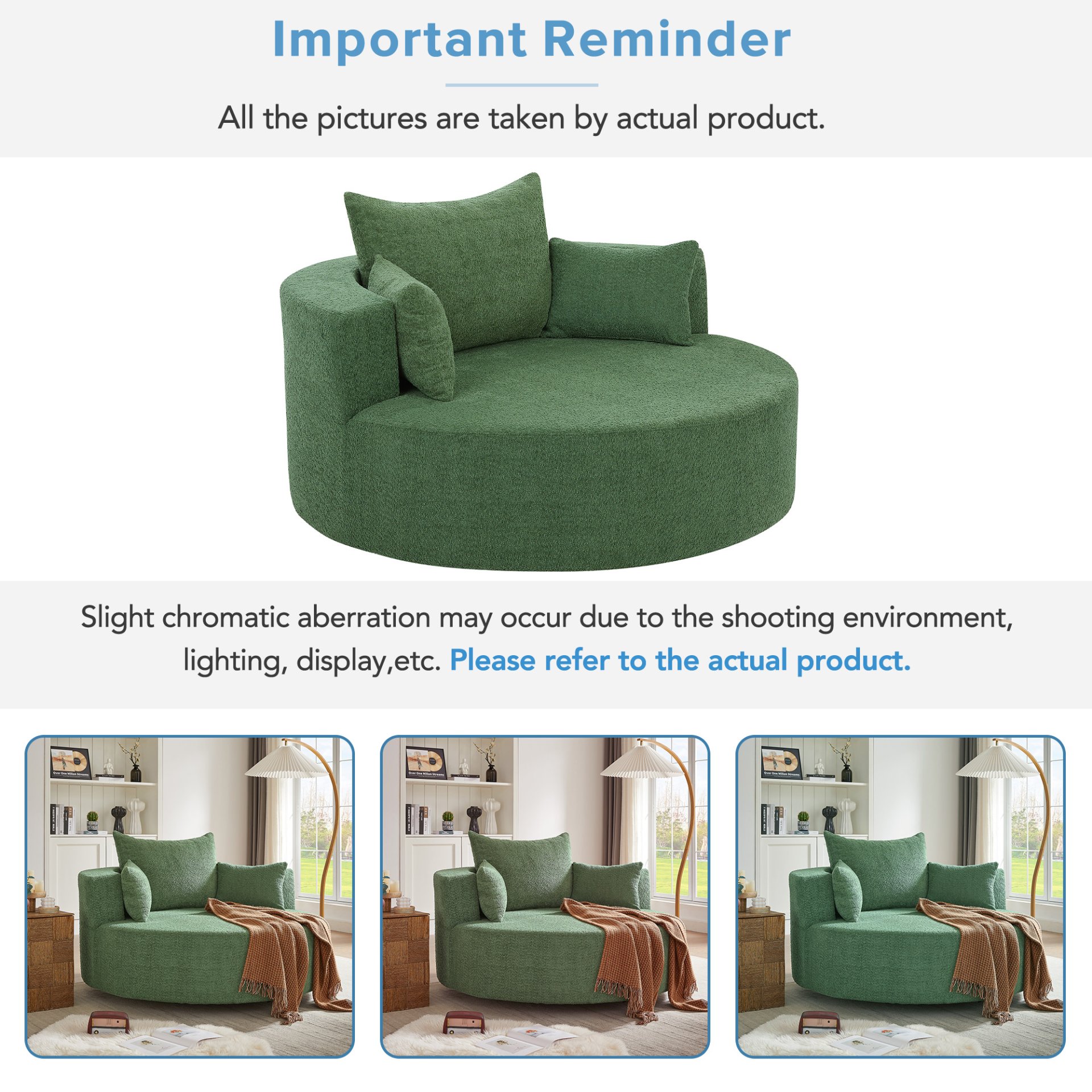 360° Swivel Chair Accent Barrel Chair Swivel Round Sofa Chair With 3 Removable Pillows For Living Room, Office And Hotel - Green - Image 9
