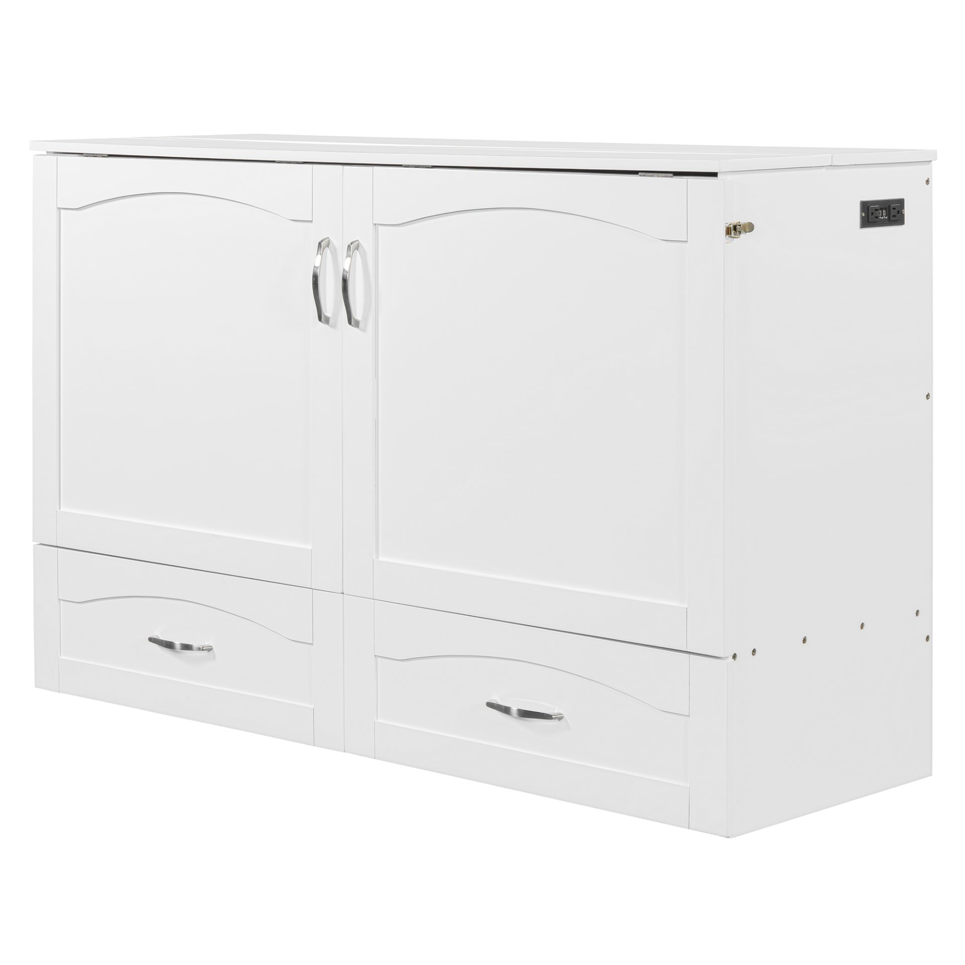 Queen Size Murphy Wall Bed With Drawer And A Set Of Sockets & USB Ports, Pulley Structure Design - White - Image 18