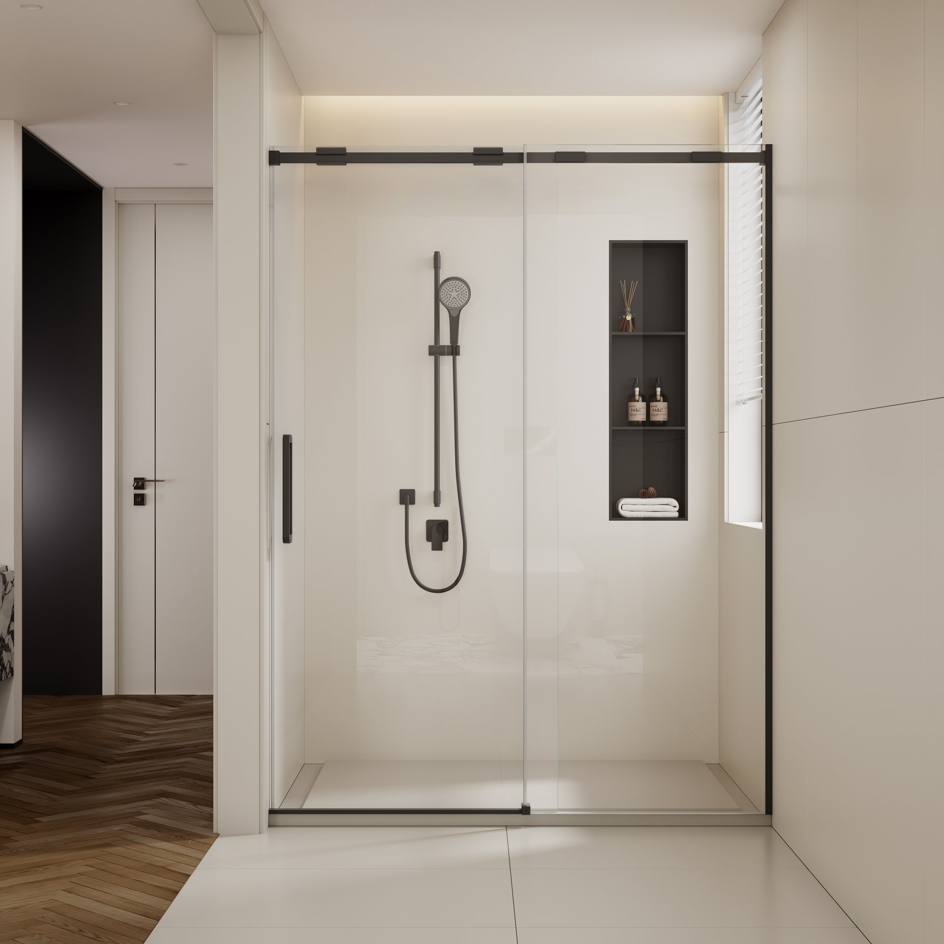 Semi Frame Single Sliding Shower Door, 304 Stainless Steel, 5 / 16" Tempered Clear Glass - Matte Black - Image 3