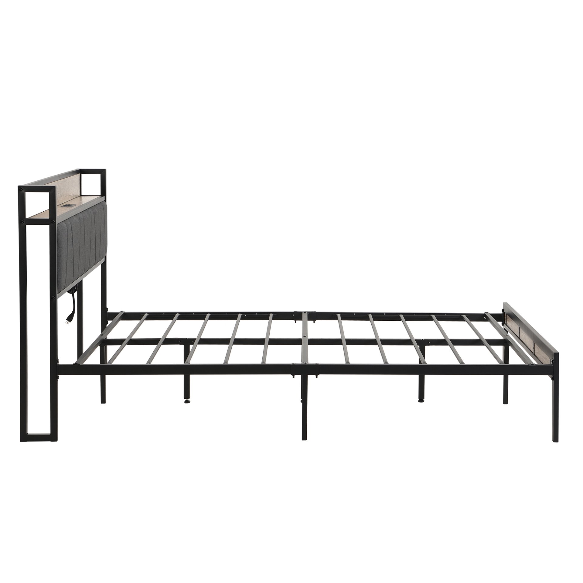 Modern Full Size Metal Platform Bed Frame With Upholstered Storage Headboard USB Ports And Footboard - Beige / Black - Image 8