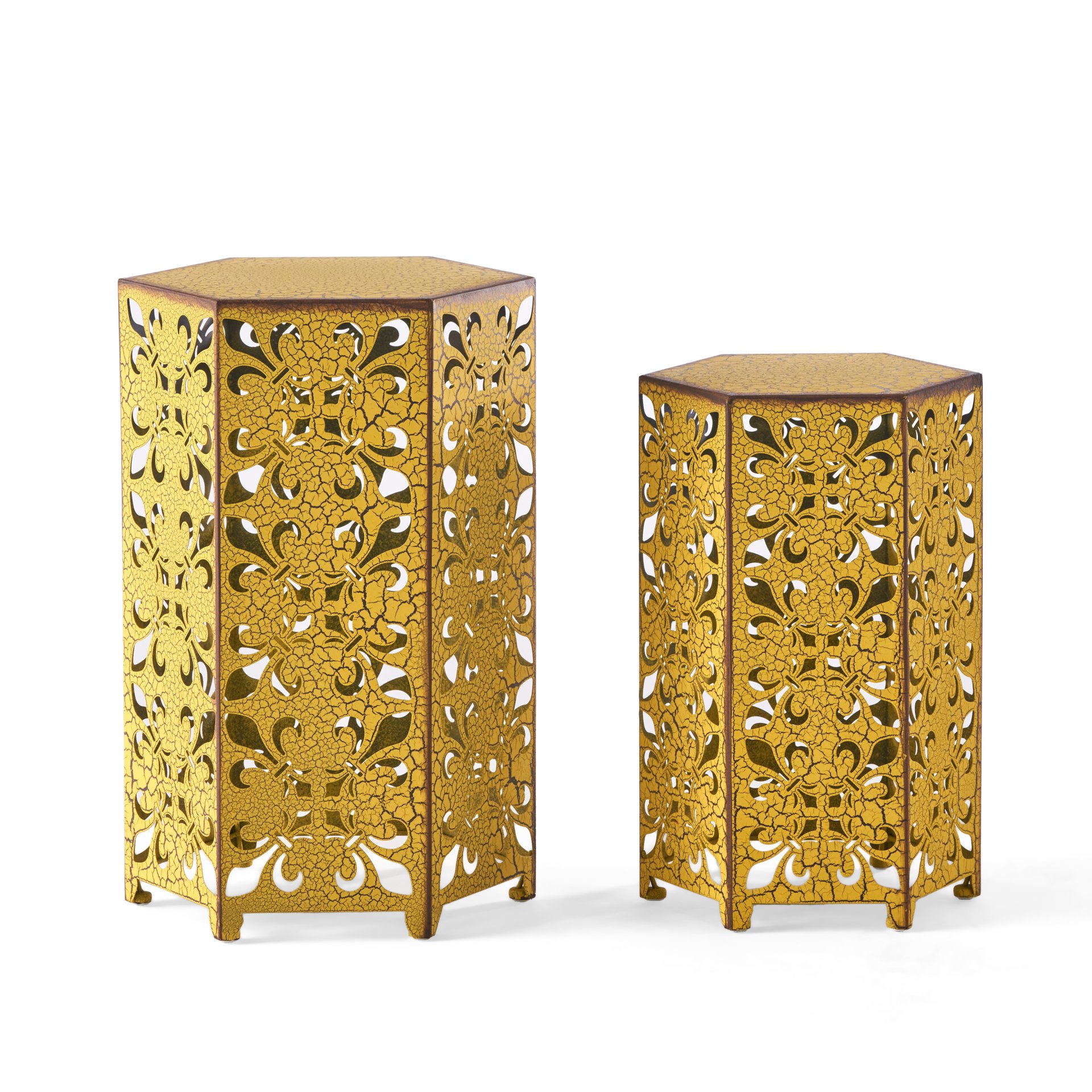 Outdoor Hexagonal Accent Table Set With Charming Fleur De Lis Panel Sides - Antique Yellow - Image 5