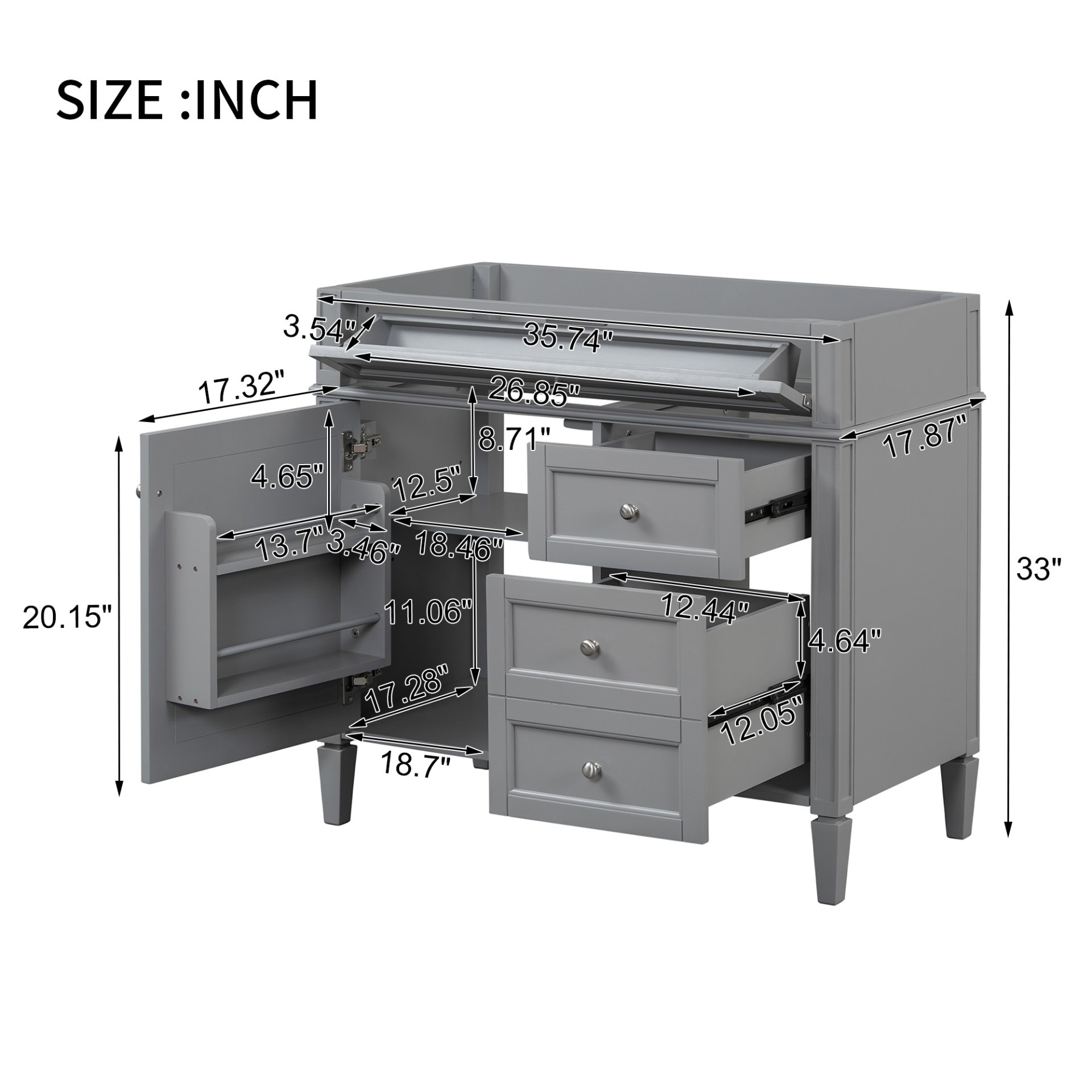 Bathroom Vanity Without Top Sink, Modern Bathroom Storage Cabinet With 2 Drawers And A Tip-Out Drawer, Frame (Not Include Basin Sink) - Gray - Image 7