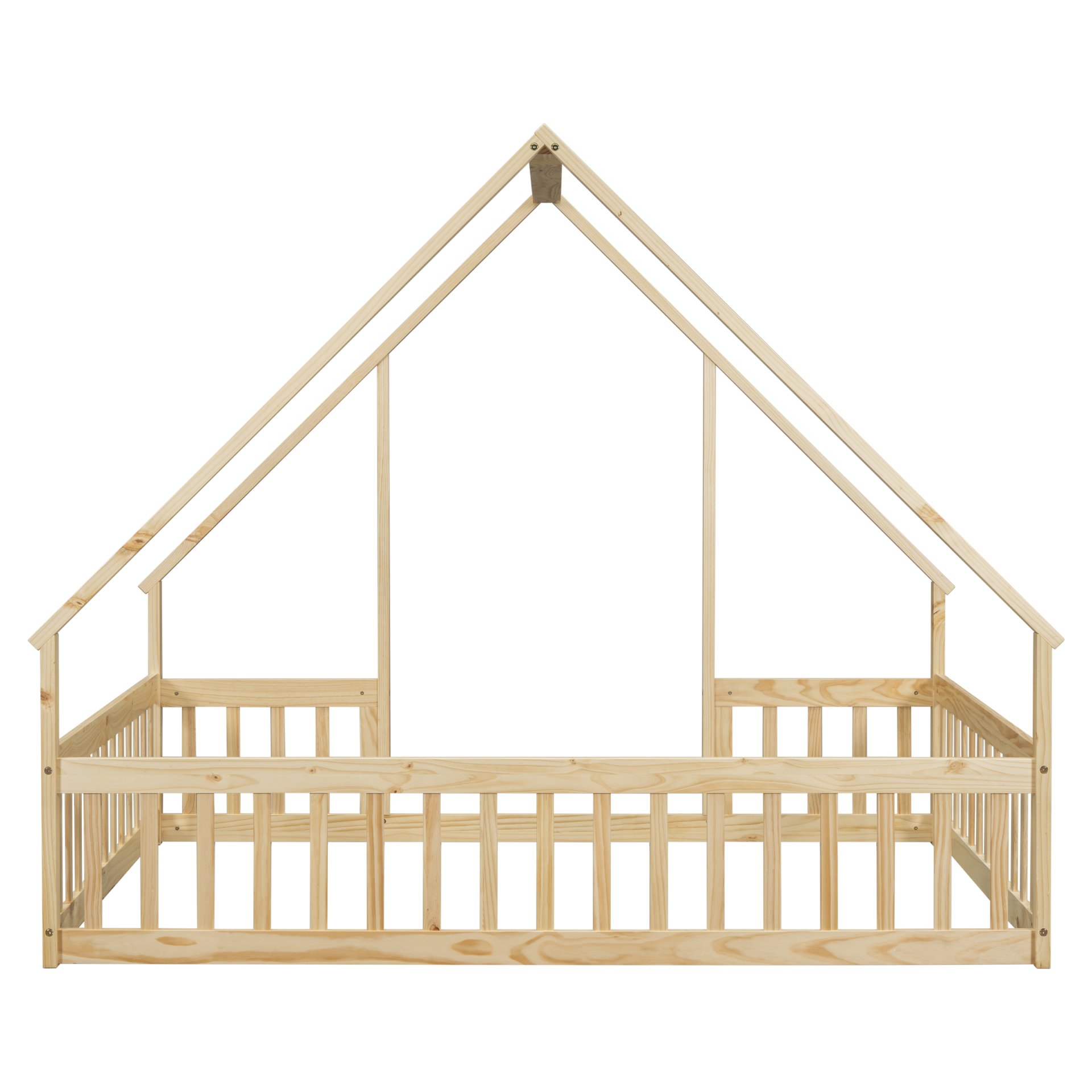 Full Wood House-Shaped Floor Bed With Fence, Guardrails - Natural - Image 15