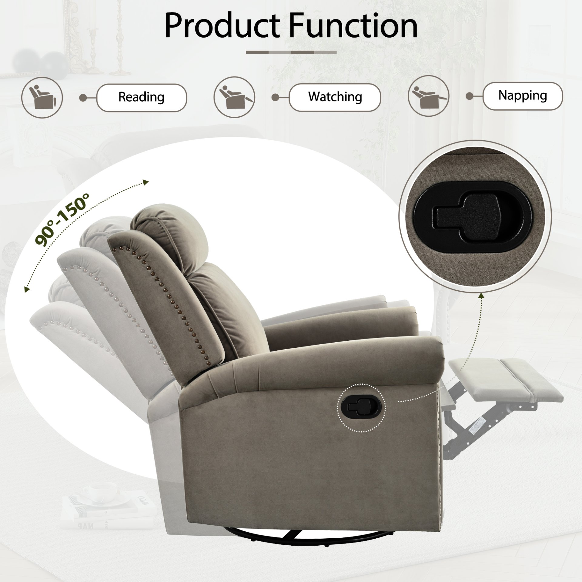 360 Degrees Swivel Recliner Manual Rocking With Adjustable Backrest For Living Room - Light Brown - Image 7