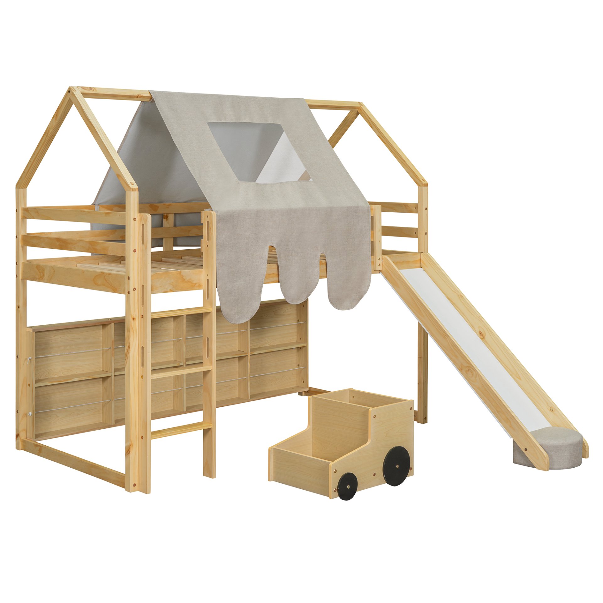 Twin Size Loft Bed With House Shaped Frame And Tent - Natural / Beige - Image 5
