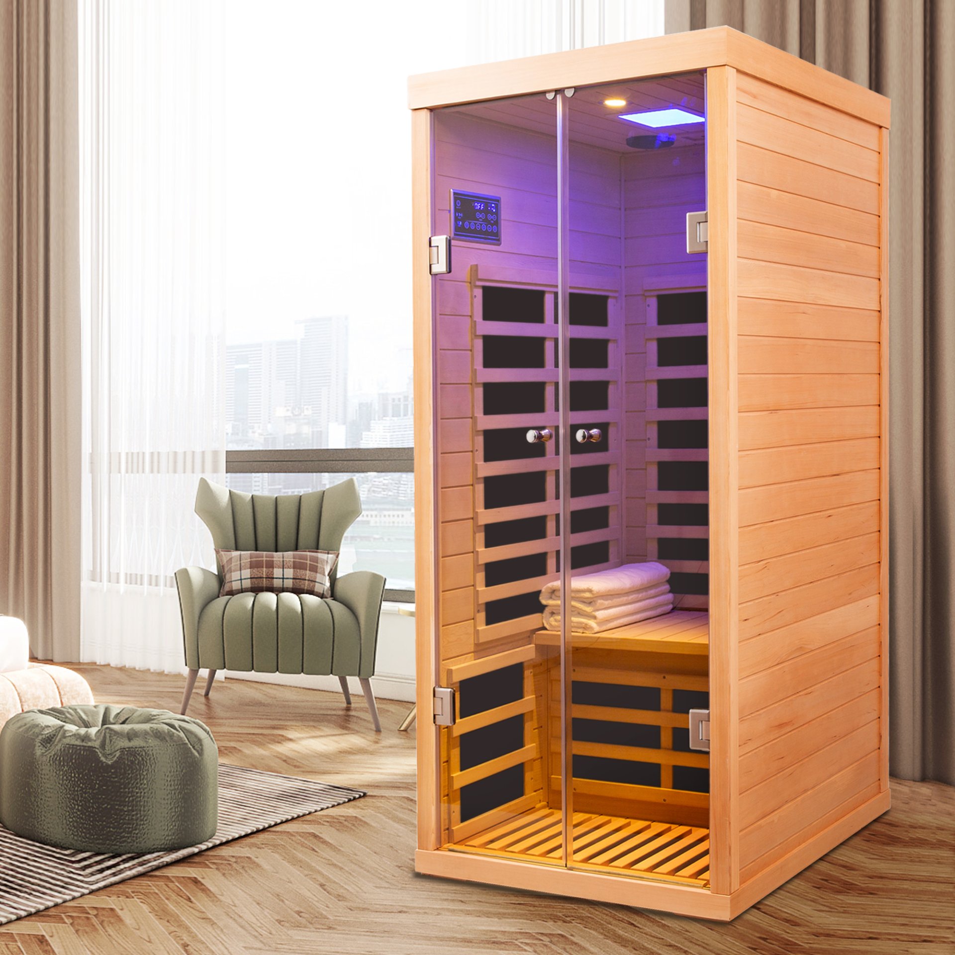 Low Emf 1 Person Wide Space Hemlock Double Doors Great Glass Luxury Indoor Far Infrared Sauna Room - Natural Wood - Image 9