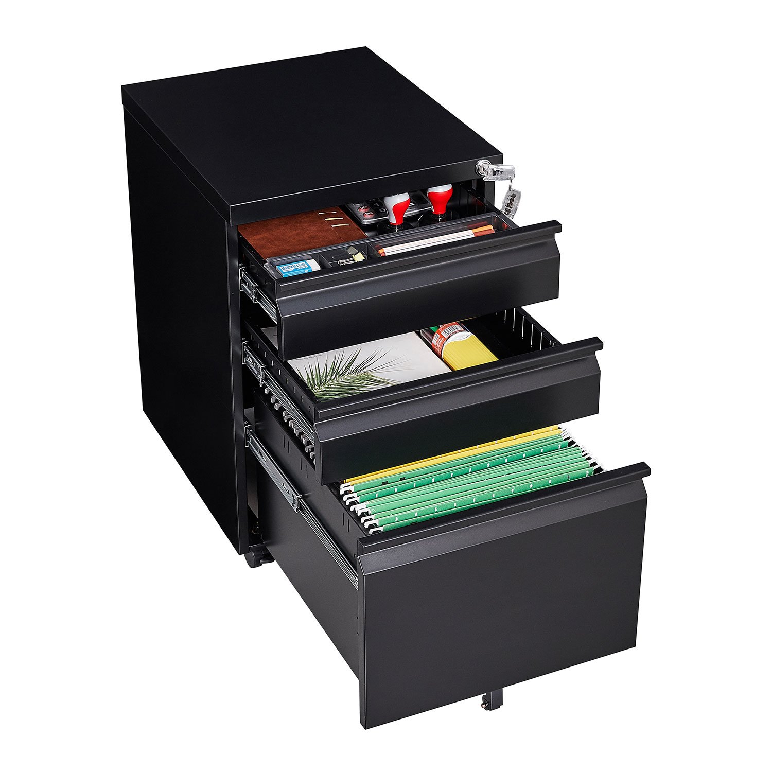 Contemporary 3 Drawer Mobile Filing Cabinet With Lock, Metal Office Storage For Legal / Letter Size - Black - Image 13
