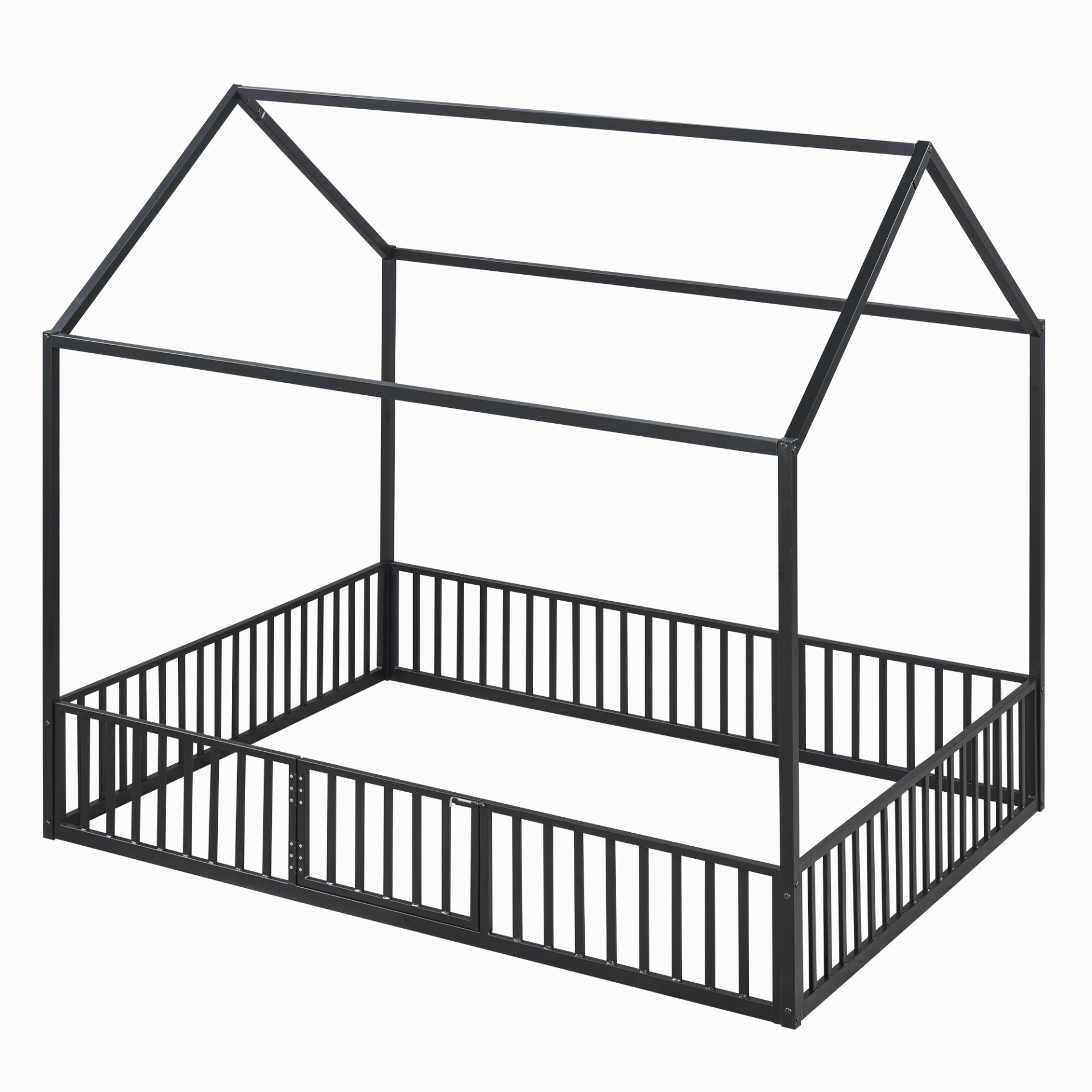 Full Size Metal House Bed With Fence And Door - Black - Image 15