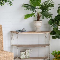 3 Tiered Wooden Shelving Unit With Ornate Iron Frame - Multicolor