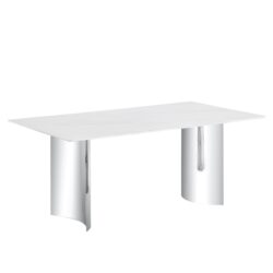 Modern Minimalist Dining Table With Imitation Marble Glass Desktop And Metal Legs - Silver / White