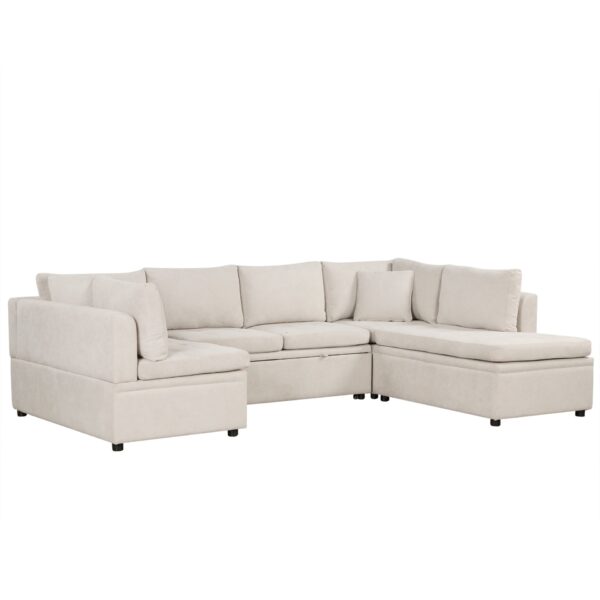 Oversized Sectional Sofa U-Shaped Sofa Couch Pull-Out Sofa Bed With Two Throw Pillows For Living Room - Beige