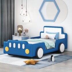 Twin Size Race Car Shaped Platform Bed & Wheels - Blue
