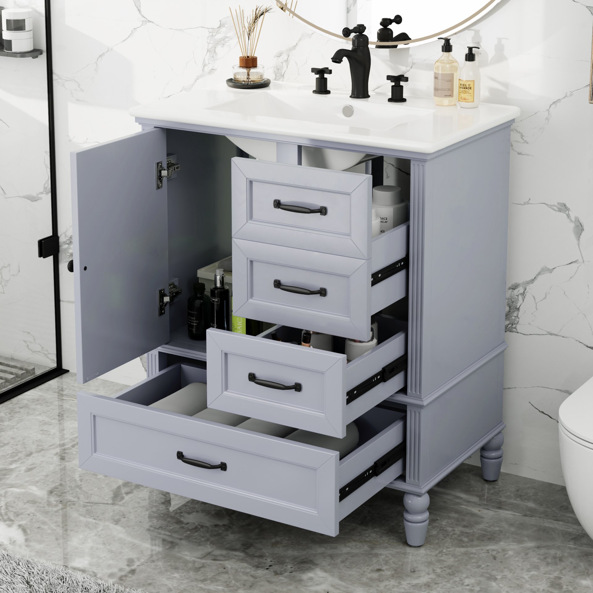 30" Bathroom Vanity With Sink, Bathroom Cabinet With A Door, 3 Drawers Legs, Adiustable Foot Pads - Gray - Image 4