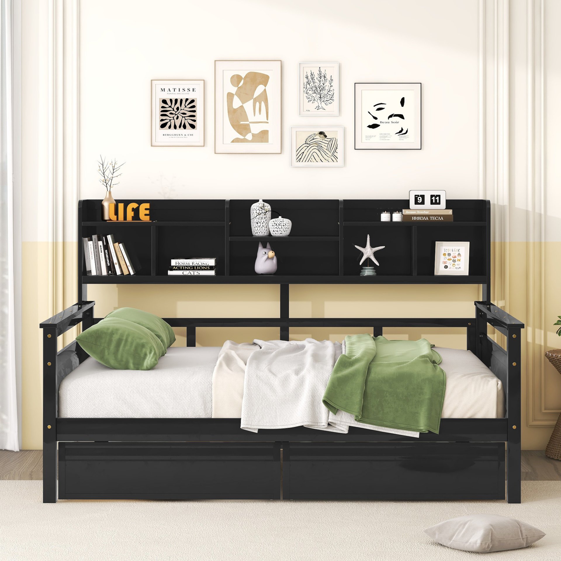 Full Size Daybed, Slat Support, With Bedside Shelf And Two Drawers - Espresso - Image 2