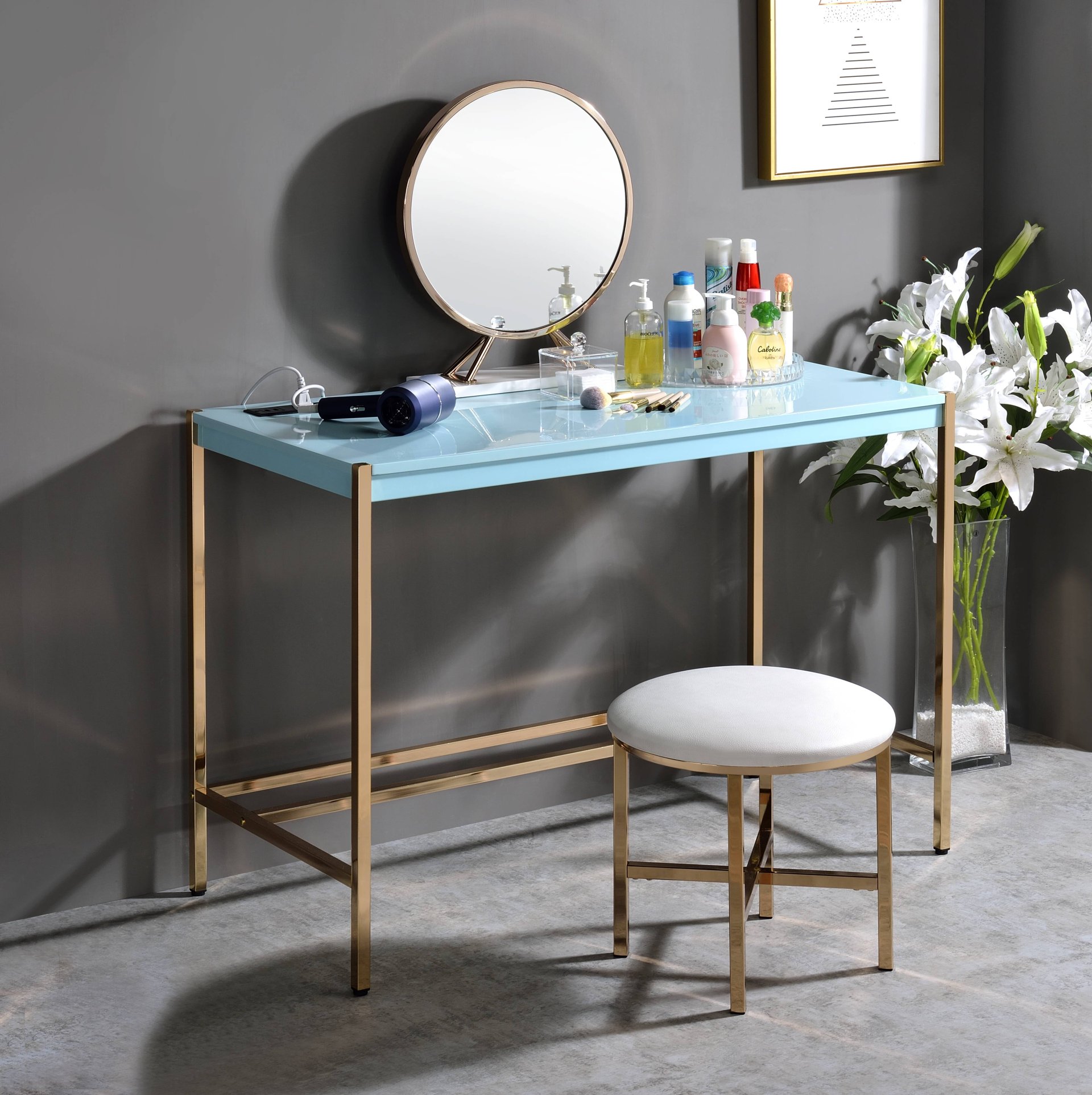 Midriaks - Writing Desk With USB - Gold / Light Blue - Image 2