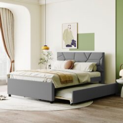 Full Size Upholstered Platform Bed With Brick Pattern Headboard And Twin Size Trundle - Gray