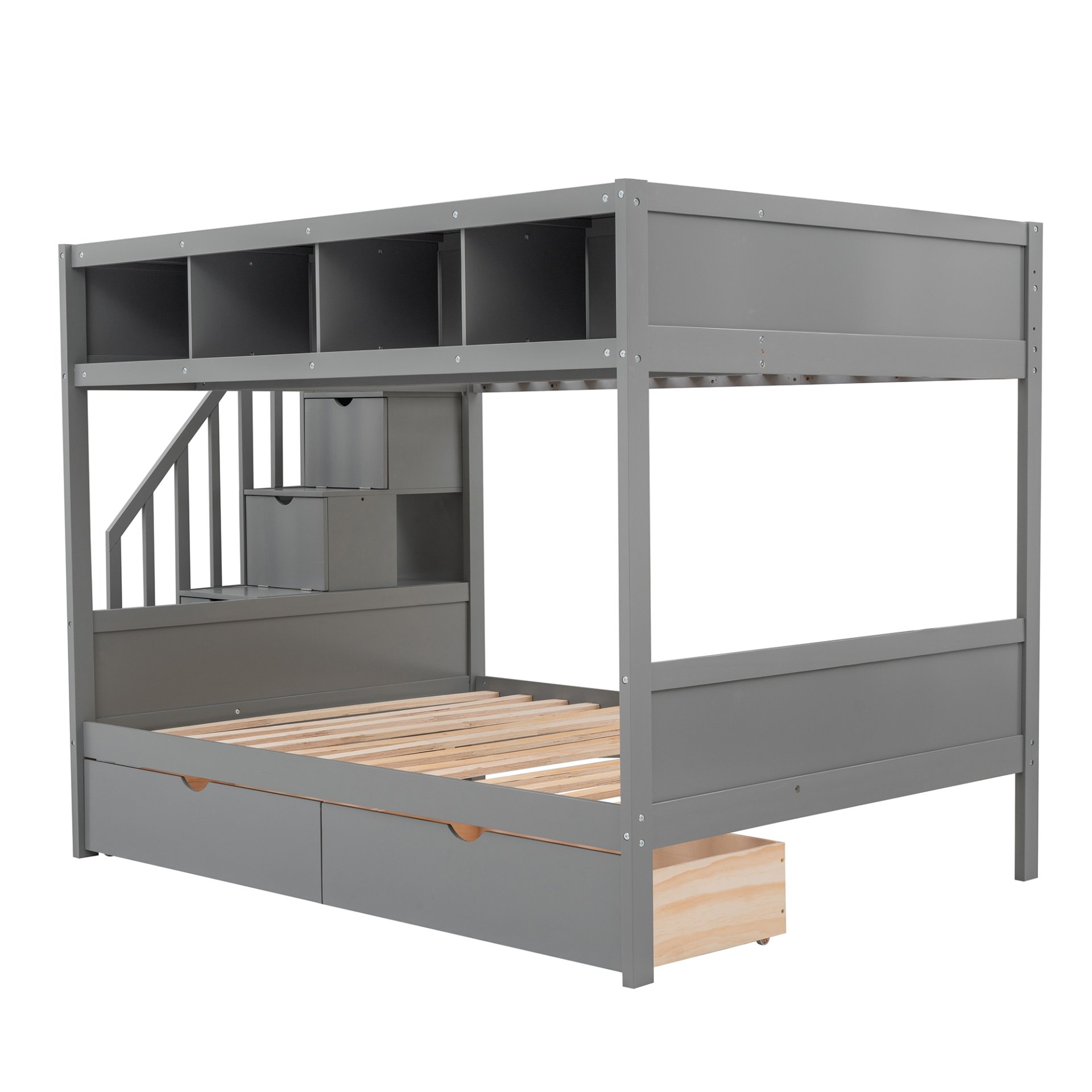 Twin Over Full Bunk Bed With Shelfs, Storage Staircase And 2 Drawers - Gray - Image 9