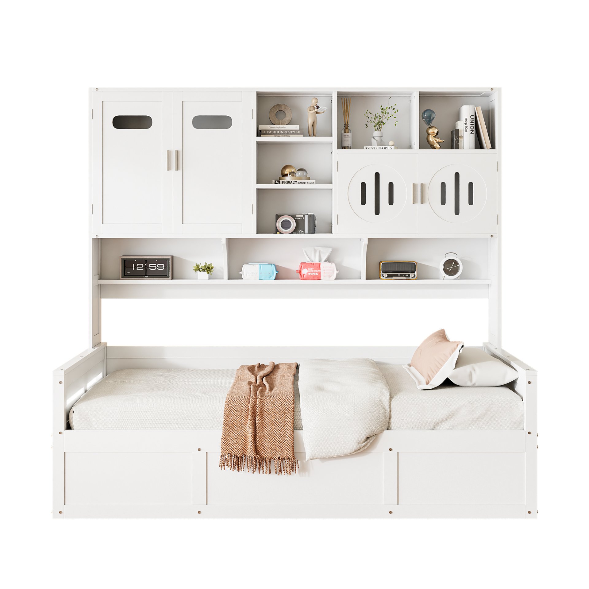 Twin Size Wooden Daybed With Hydraulic Bed And All In One Cabinet And Shelf - White - Image 11