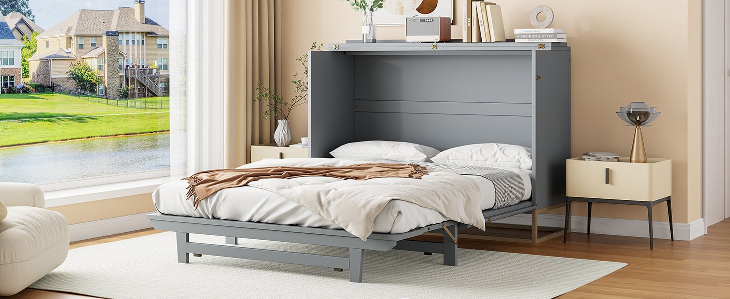 Queen Murphy Bed With Frosted Glass Doors Design, Fake Drawers, Metal Legs - Gray - Image 22