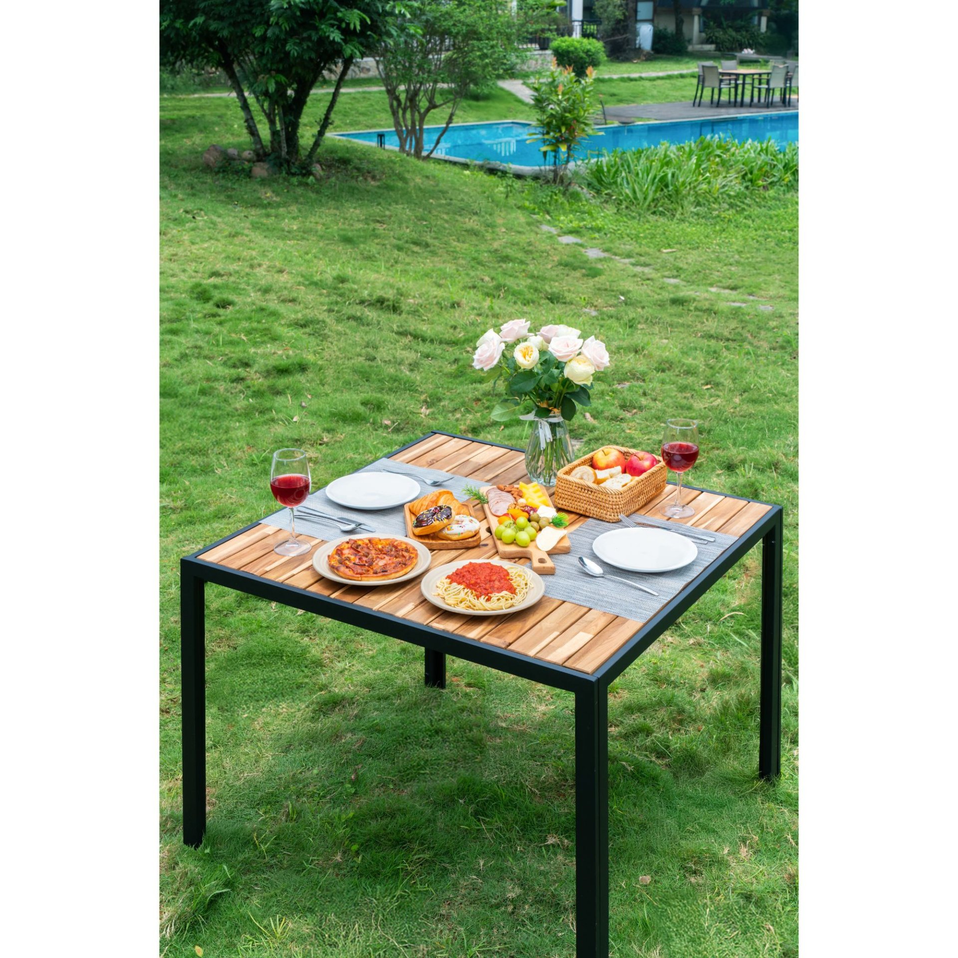 All Weather Patio Dining Table Set With Top And Umbrella Hole - Rattan Outdoor Furniture - Yellow - Image 10