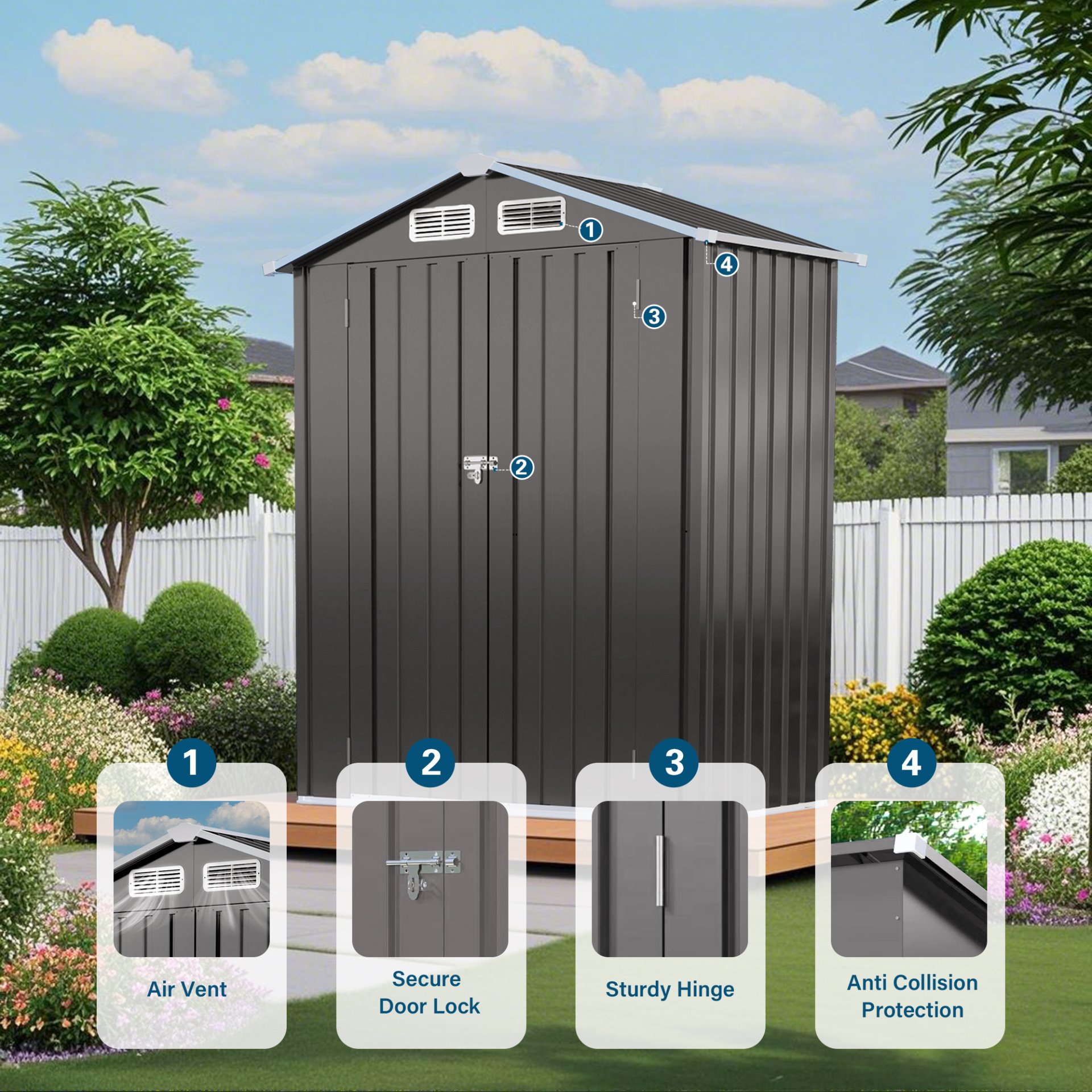 5 X 3 Ft Compact Metal Outdoor Storage Shed With Pitched Roof, Lockable Door - Gray - Image 4