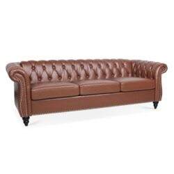 Rolled Arm Chesterfield Three Seater Sofa - Brown
