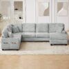Modern U Shaped Sectional Sofa With Movable Ottoman And Side Storage Pockets Corduroy - Gray - Image 6