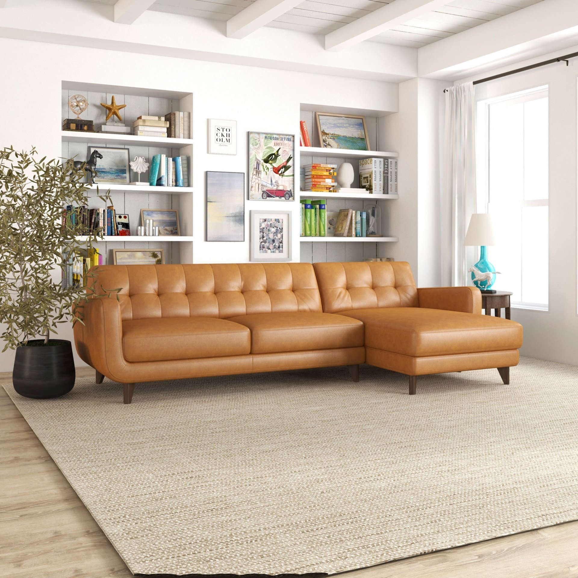 Allison - Right Facing Leather Sectional Sofa - Tan - Image 9