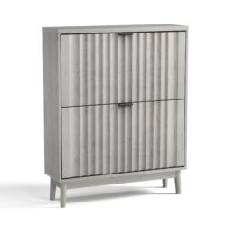 Shoe Cabinet With 2 Flip Drawers, Fluted Shoe Storage Cabinet For Entryway, Free Standing Shoe Storage Organizer With Wave Doors For Heels, Boots, Slippers In Hallway, Living Room - Gray