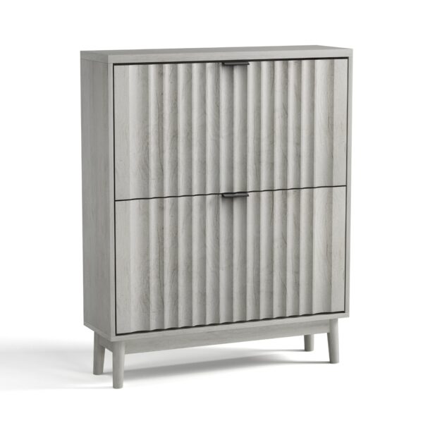 Shoe Cabinet With 2 Flip Drawers, Fluted Shoe Storage Cabinet For Entryway, Free Standing Shoe Storage Organizer With Wave Doors For Heels, Boots, Slippers In Hallway, Living Room - Gray