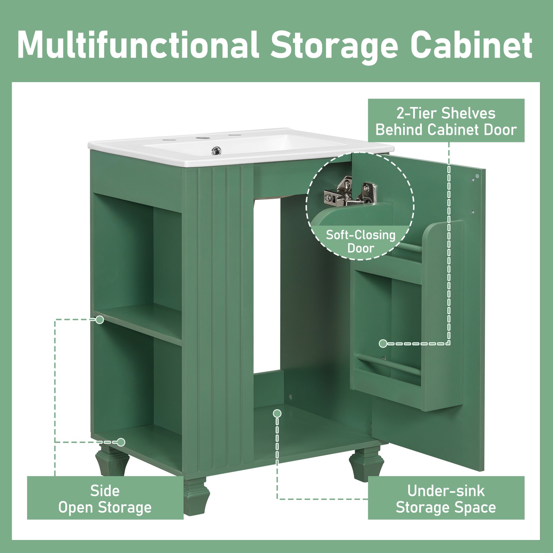 Classic Retro 24" Bathroom Vanity With Sink, Door Shelf, Side Open Storage Frame - Green - Image 8