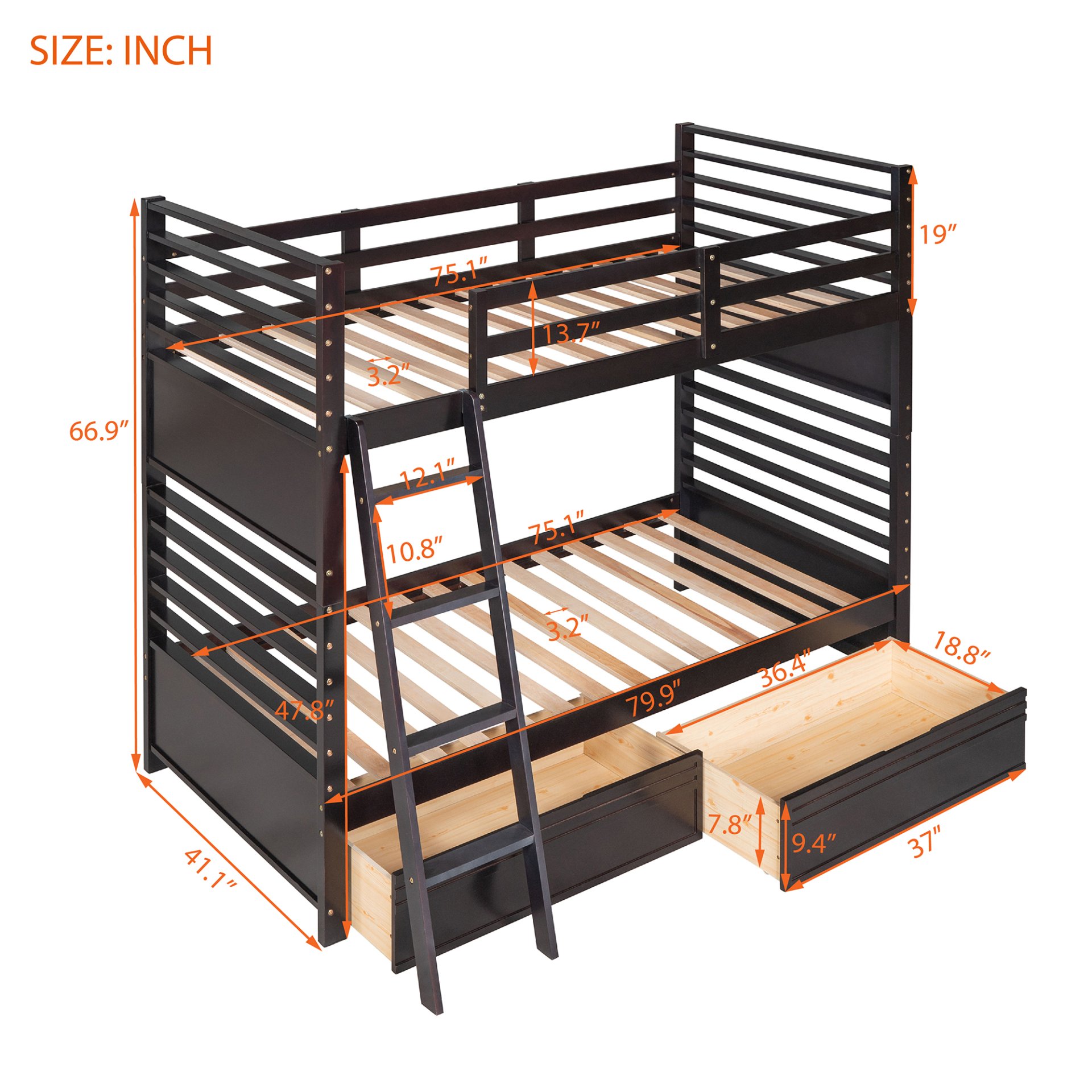 Twin Over Twin Bunk Bed With 2 Drawers - Espresso - Image 14