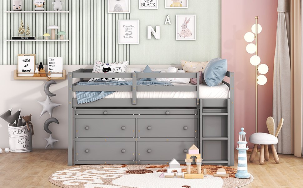 Full Size Loft Bed With Retractable Writing Desk And 4 Drawers, With Lateral Portable Desk And Shelves - Gray - Image 19