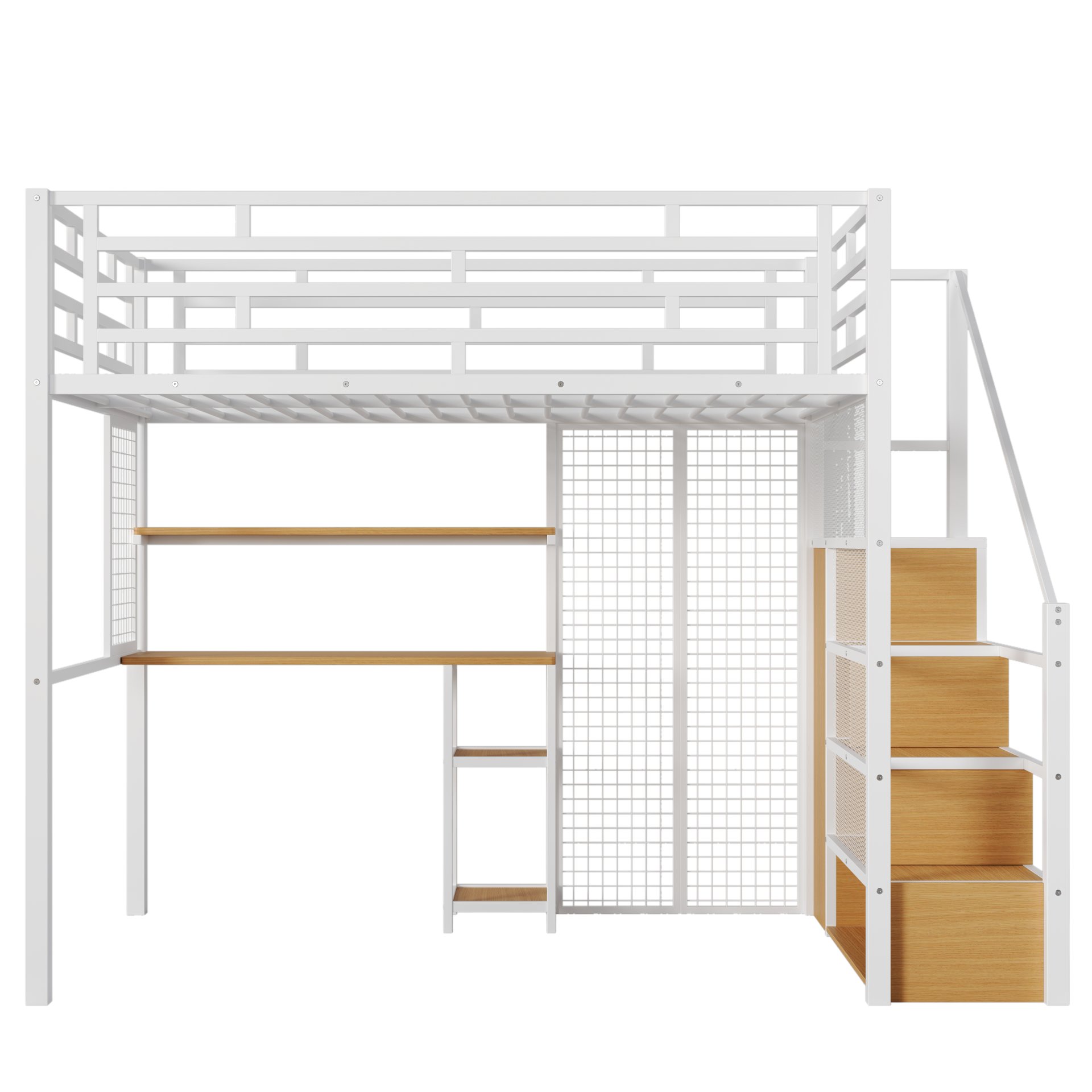 Full Size Metal Loft Bed With Wardrobe, Desk, Storage Shelves - White - Image 10