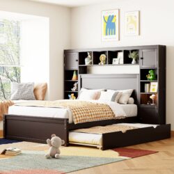 Full Size Bed With All In One Cabinet, Shelf And Sockets, Twin Size Trundle - Espresso