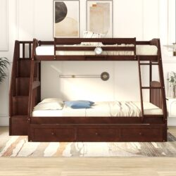 Twin Over Full Bunk Bed With Drawers, Ladder And Storage Staircase - Espresso