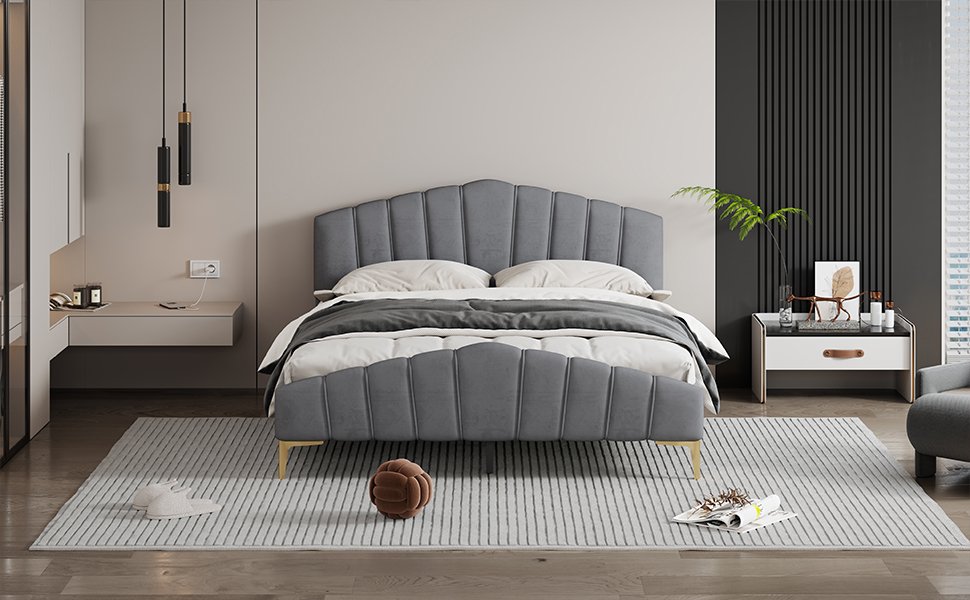 Queen Size Platform Bed With Thick, Stylish Stripe Decorated Bedboard And Elegant Leg - Gray - Image 14