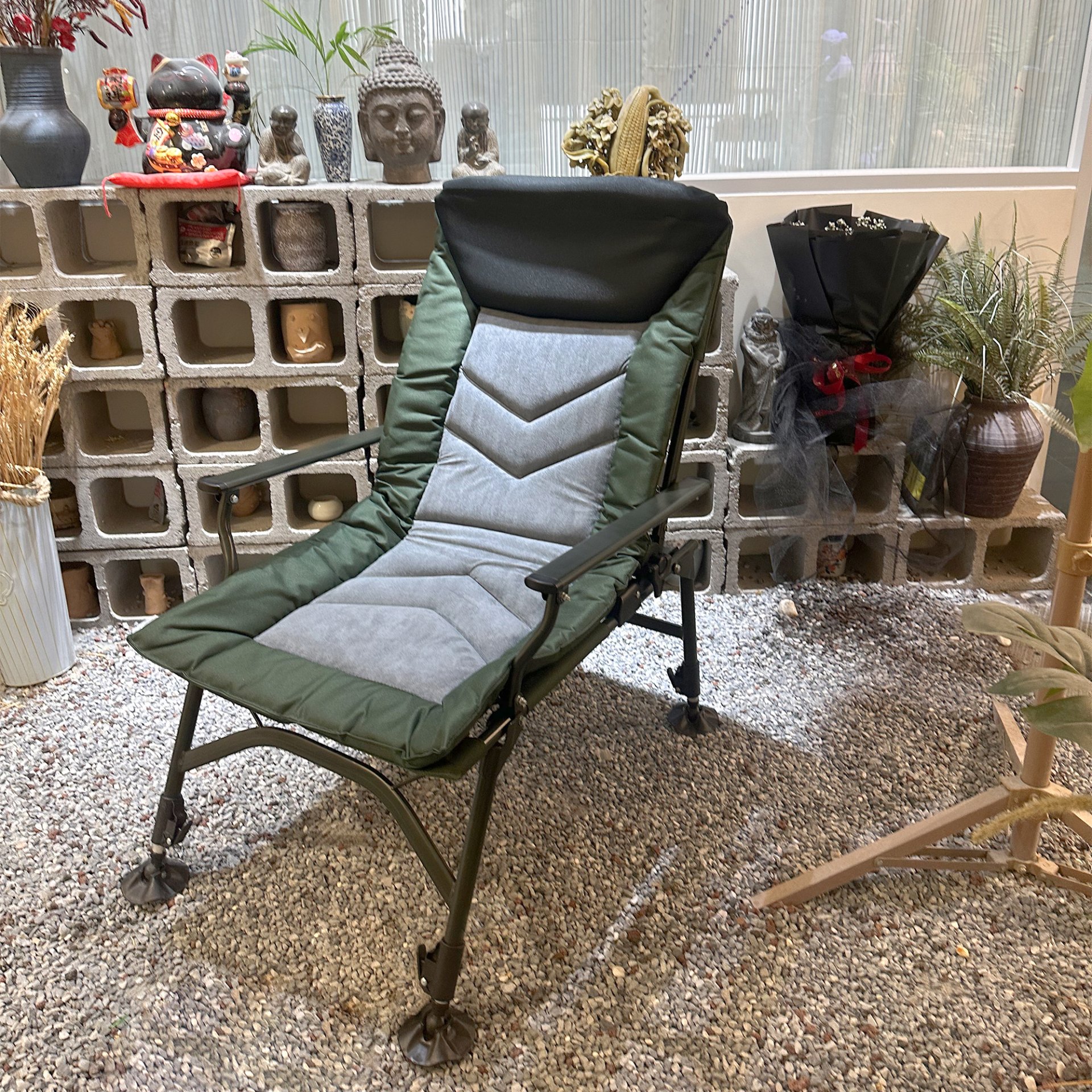 Camping Lounge Chair, Portable Folding Reclining Camping Chair With Adjustable Backrest For Indoor And Outdoor Camping Beach Hiking Fishing - Green / Black - Image 6