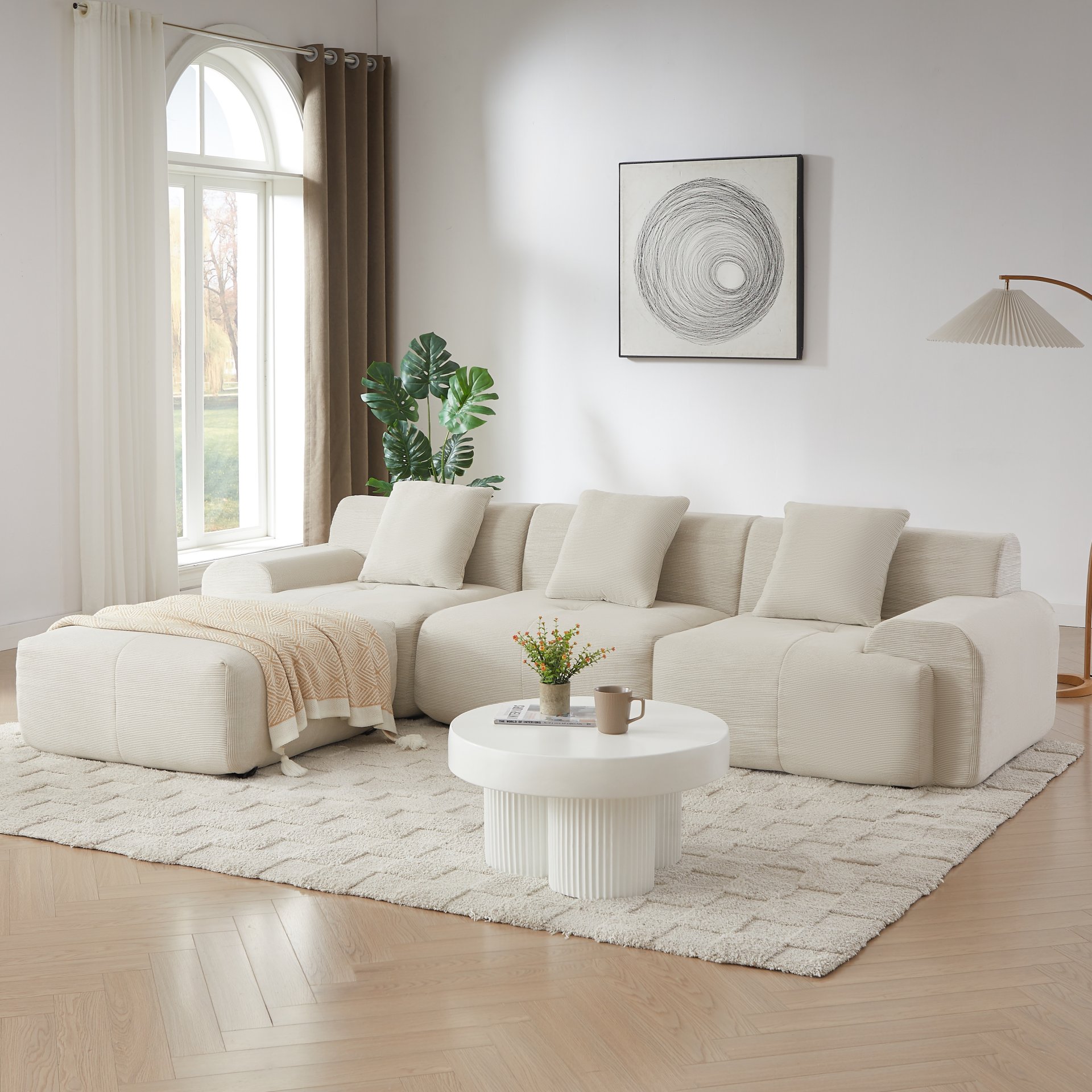 L Shaped Modular Sectional Sofa, Oversized 3 Seater With Deep Seat And Movable Ottoman - Beige - Image 4