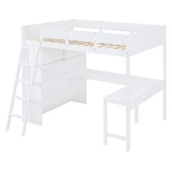 Full Size Loft Bed With Desk And Storage Shelves - White