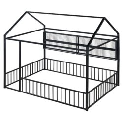 Full Size Bed House Frame With Fence And Shelves - Black
