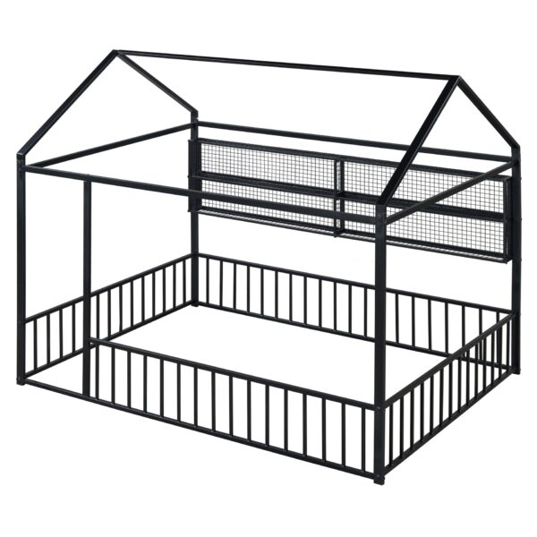 Full Size Bed House Frame With Fence And Shelves - Black