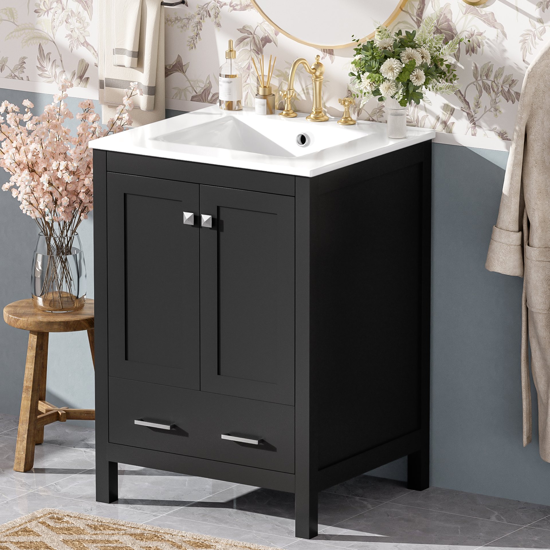 24" Bathroom Vanity With Integrated Undermount Sink, 2 Doors And 1 Drawer, Soft Close Hinges - Black - Image 5