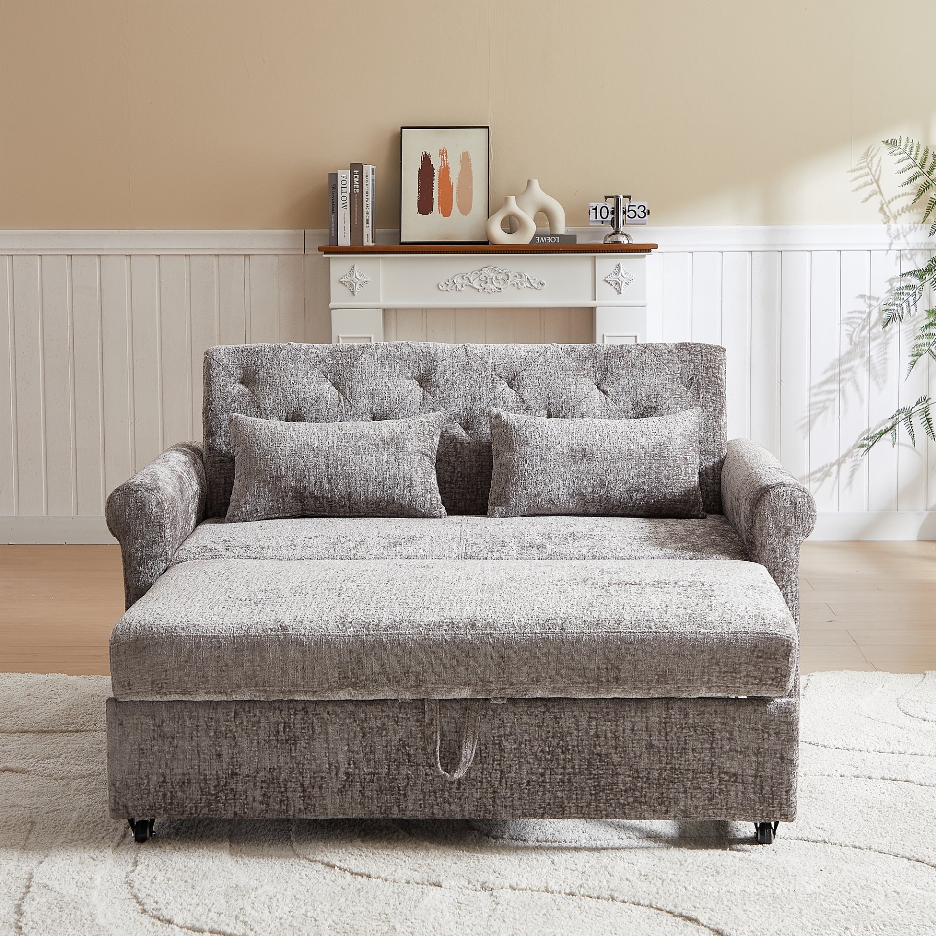 3 In 1 Loveseat Sofa Bed Chenille Fabric Pull Out Couch Sleeper Full Back Frame, Seat Frame, Armrests & 2 Pillows - Light Gray - Image 5