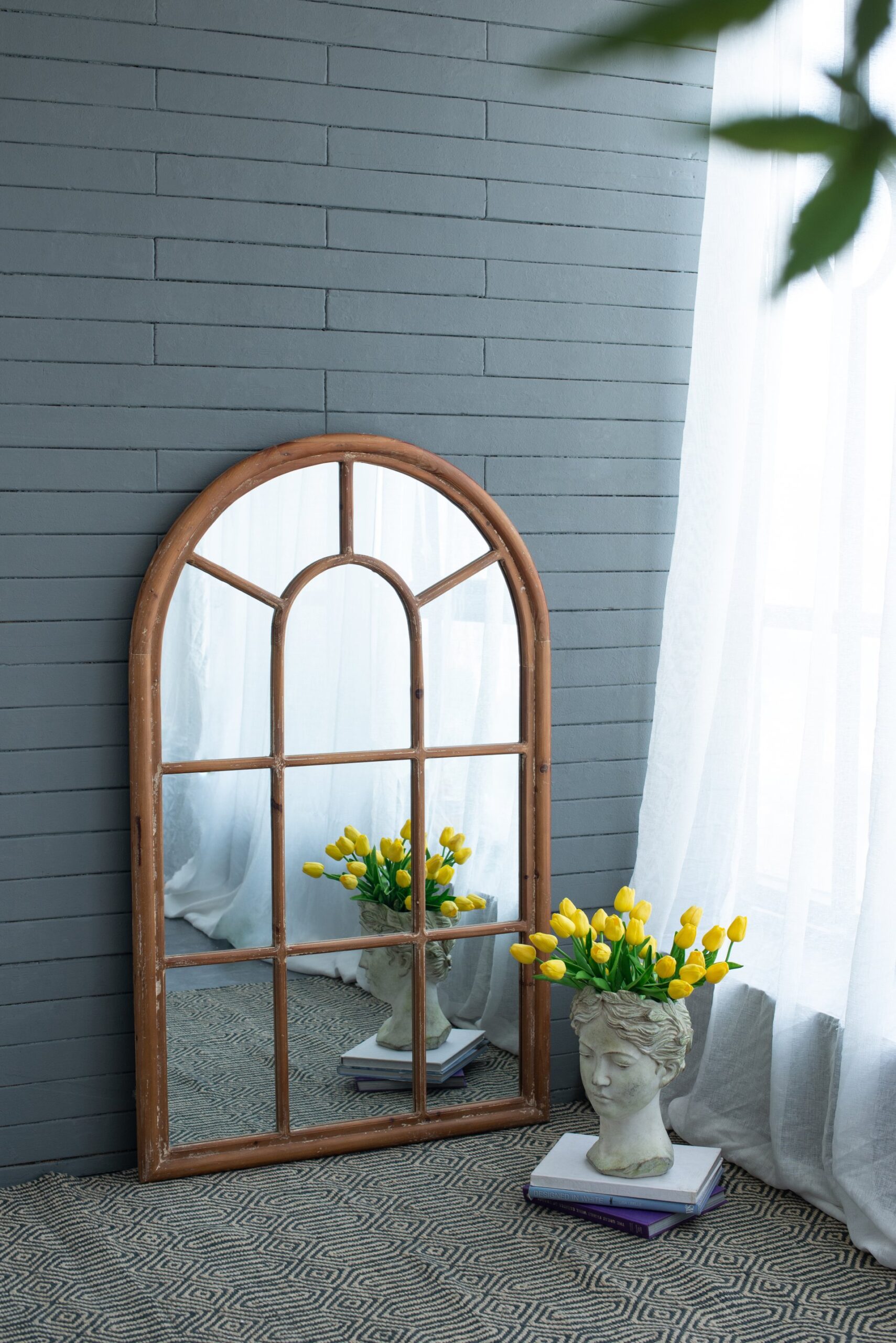 Large Arched Accent Mirror With Frame With Decorative Window Look Classic Architecture Style Solid Fir Wood Interior Decor - Brown - Image 4