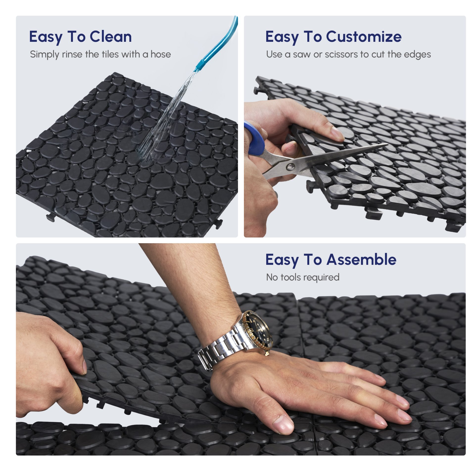Interlocking Deck Tiles Plastic Waterproof Outdoor All Weather Anti-Slip Bathroom Shower Balcony Porch Strong Weight Capacity Upto 440 Lbs, Pebble Stone Pattern Pack Of 60 - Black - Image 22