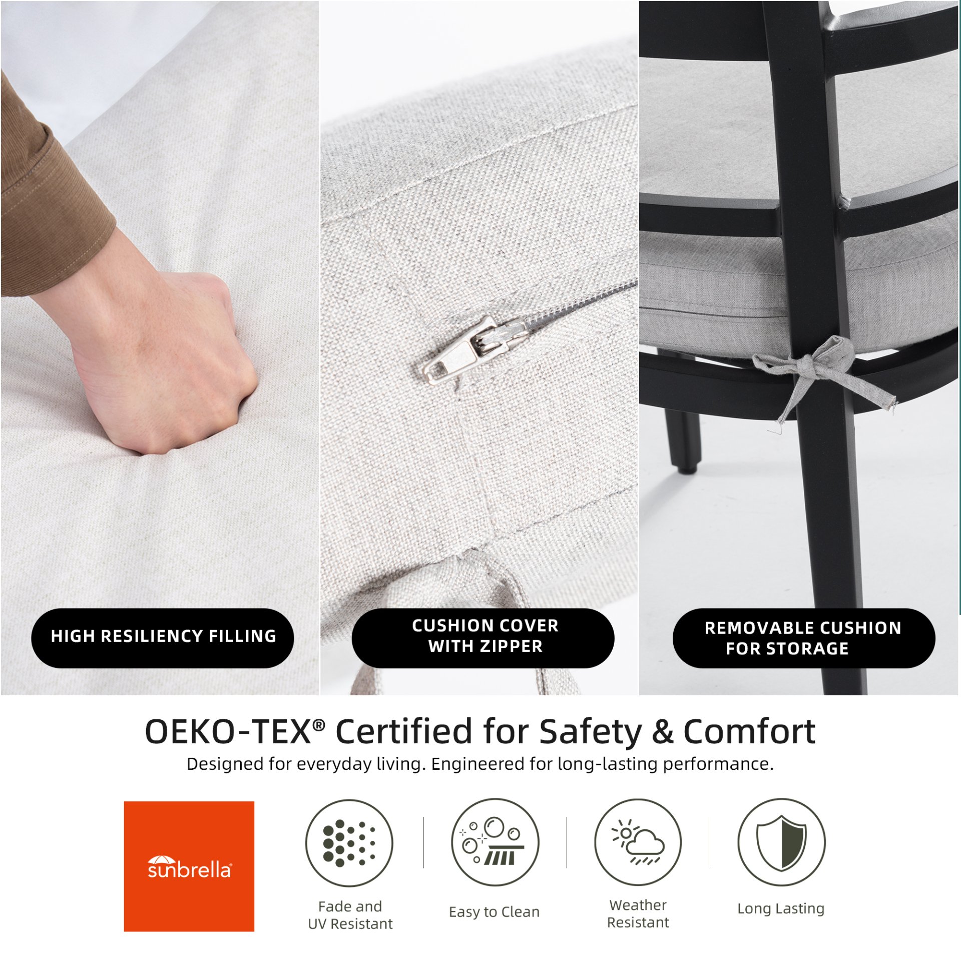 5 Piece Outdoor Patio Modern Dining Set, 4 Dining Chairs Sunbrella Fabric And Square Dining Table With Umbrella Hole - Ember Black - Image 4