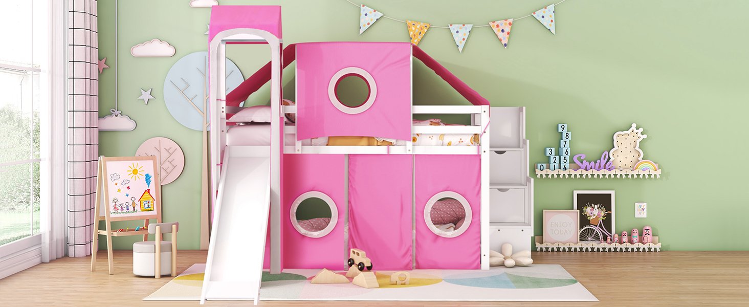 Full Size Loft Bed With Tent And Tower - Pink - Image 21