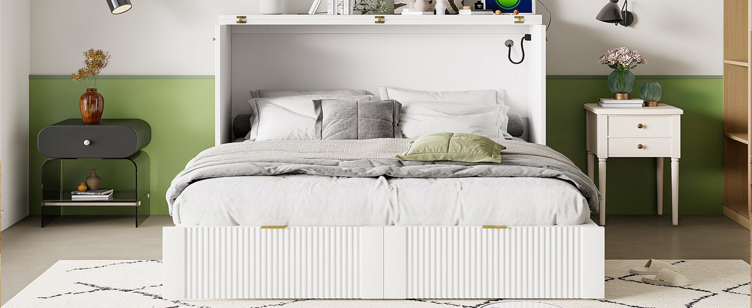 Full Size Murphy Bed With Drawer And A Set Of Sockets & USB Ports, Pulley Structure Design - White - Image 20